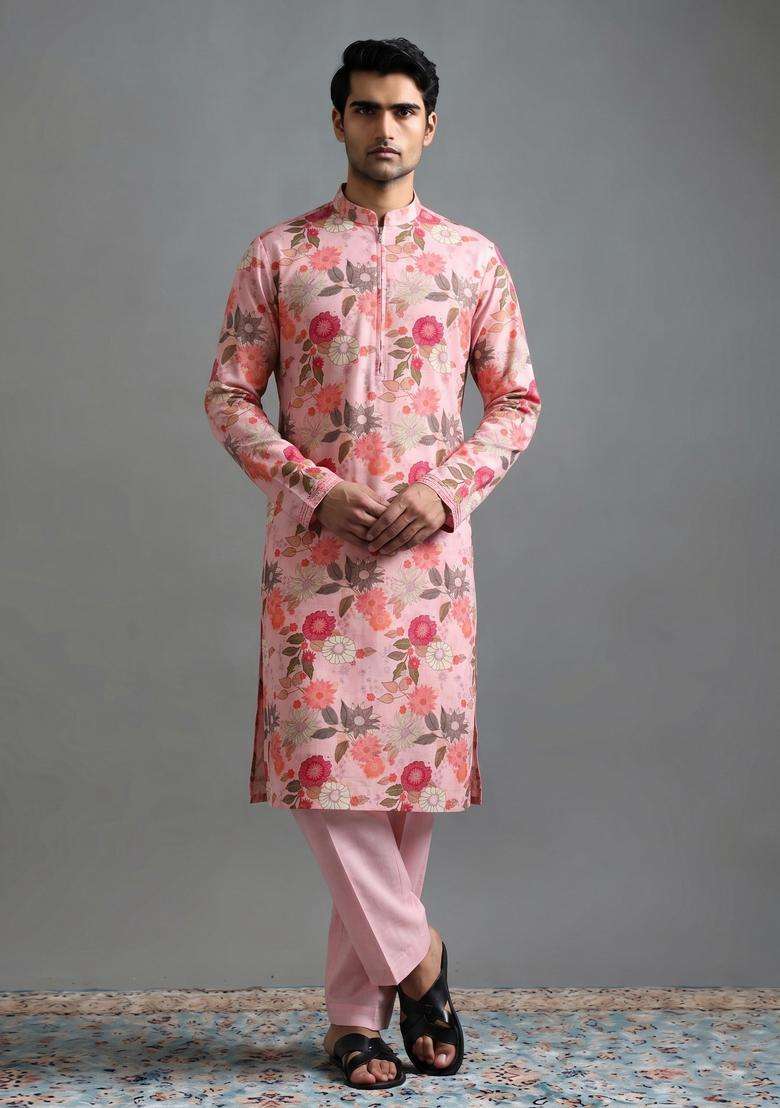 Pink Printed Cotton Kurta Set - Indya