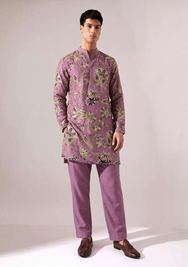 Purple Printed Crepe Kurta Set - Indya