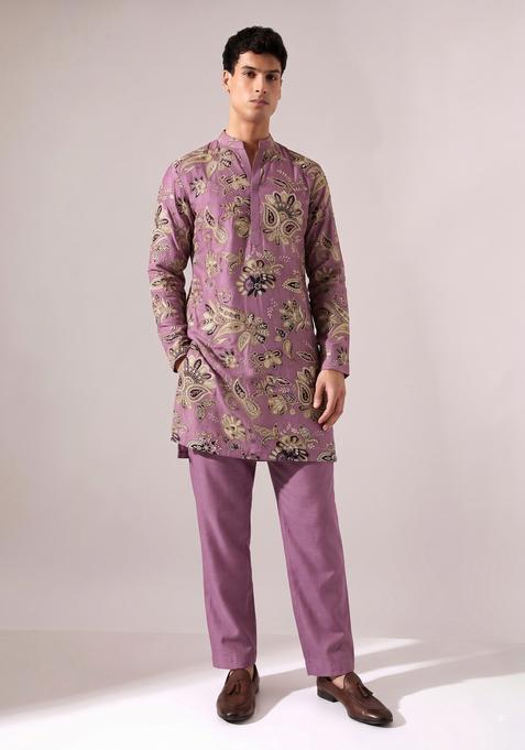 Purple Printed Crepe Kurta Set