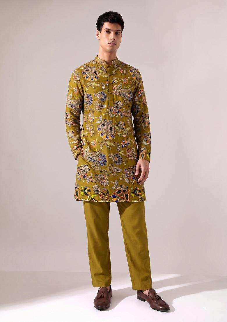 Olive Green Printed Crepe Kurta Set - Indya