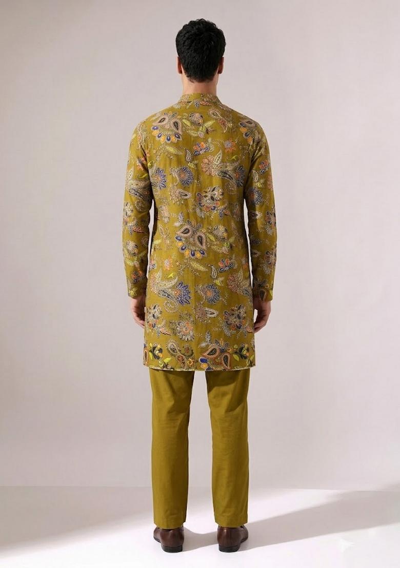Olive Green Printed Crepe Kurta Set - Indya