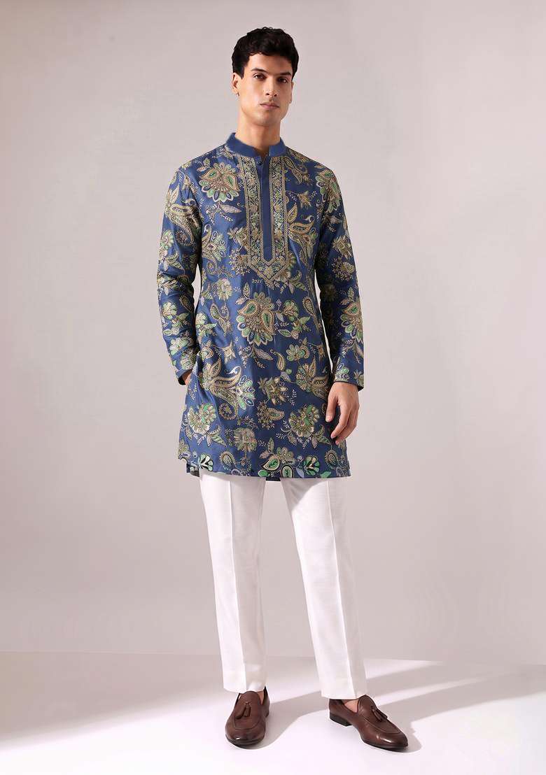 Midnight Blue Printed Crepe Kurta Set - Indya