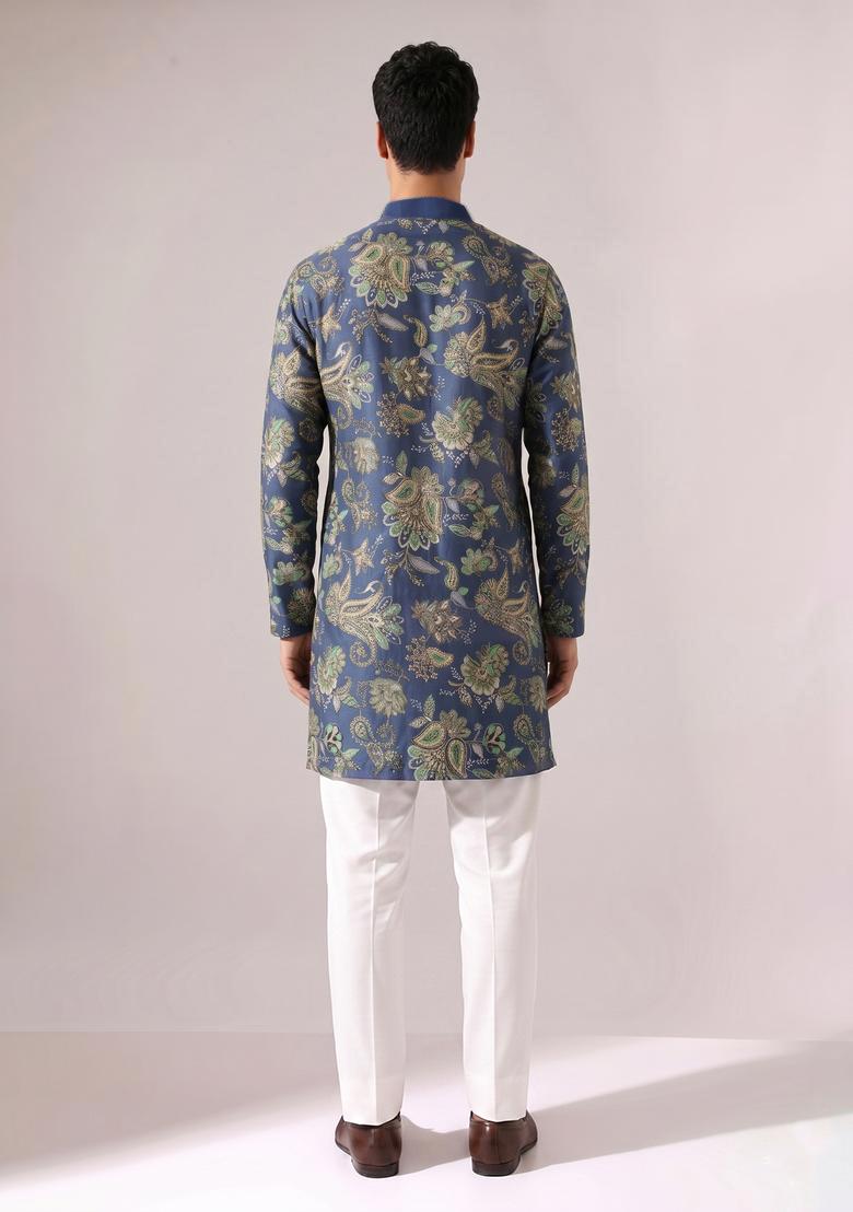 Midnight Blue Printed Crepe Kurta Set - Indya
