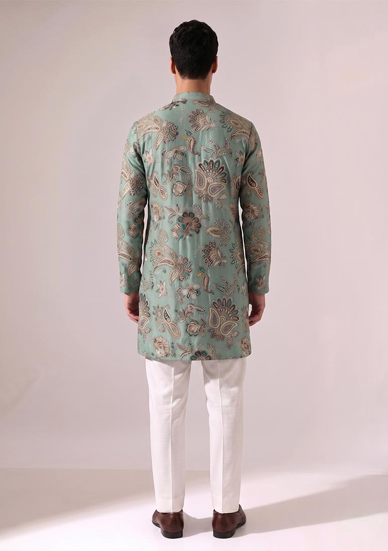 Bottle Green Printed Crepe Kurta Set - Indya
