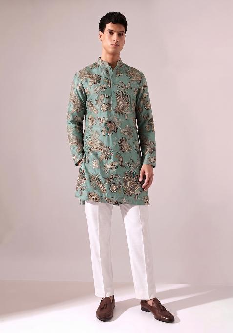 Bottle Green Printed Crepe Kurta Set