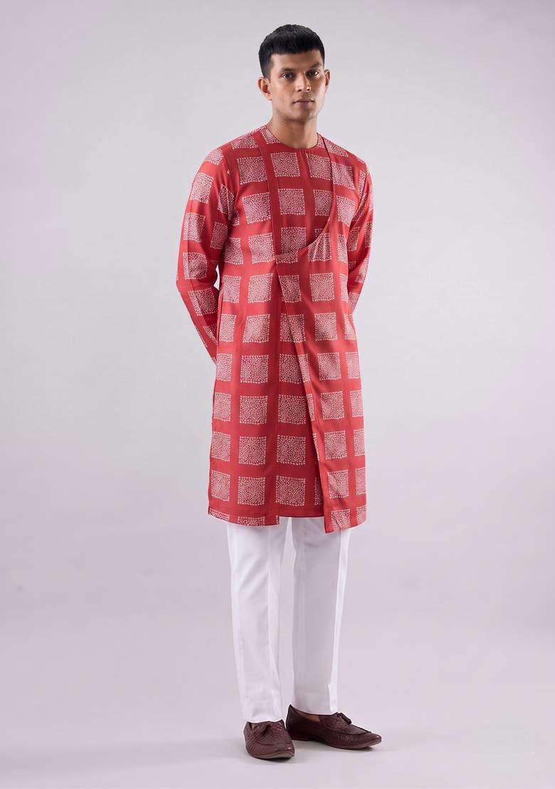 Crimson Red Printed Satin Kurta Set - Indya