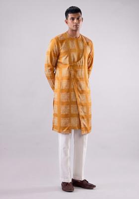 Mustard Printed Satin Kurta Set