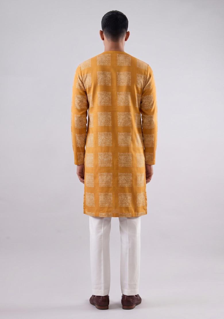 Mustard Printed Satin Kurta Set - Indya