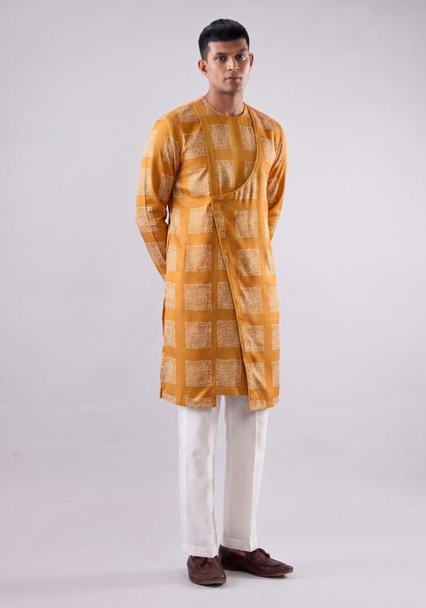 Mustard Printed Satin Kurta Set