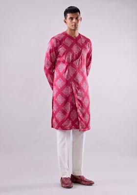 Magenta Printed Satin Kurta Set