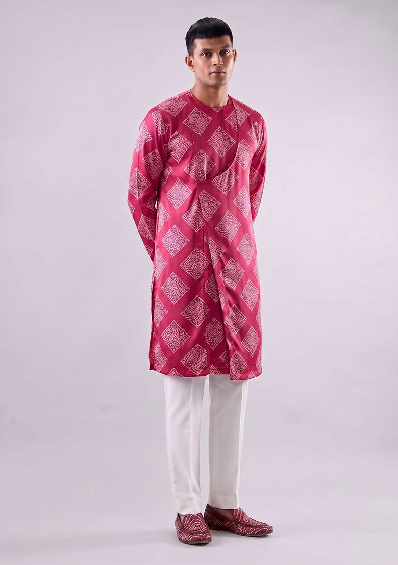 Magenta Printed Satin Kurta Set - Indya