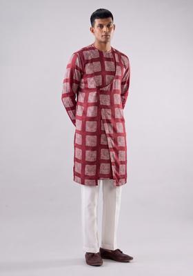Deep Brown Printed Satin Kurta Set