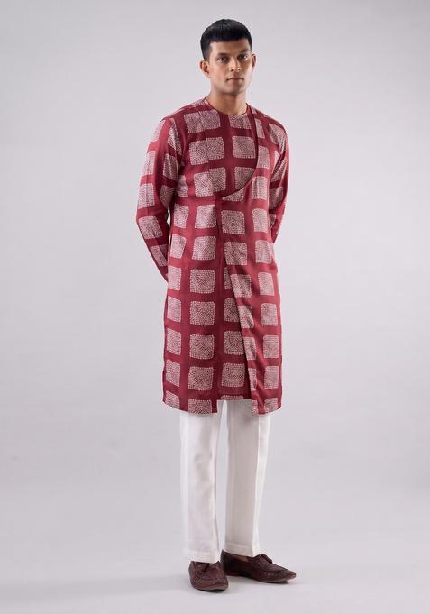 Deep Brown Printed Satin Kurta Set