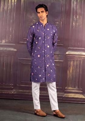 Purple Embroidered Chanderi Kurta Set