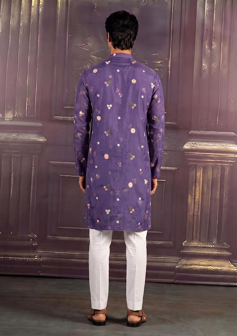 Purple Embroidered Chanderi Kurta Set - Indya