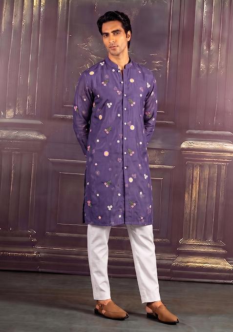 Purple Embroidered Chanderi Kurta Set