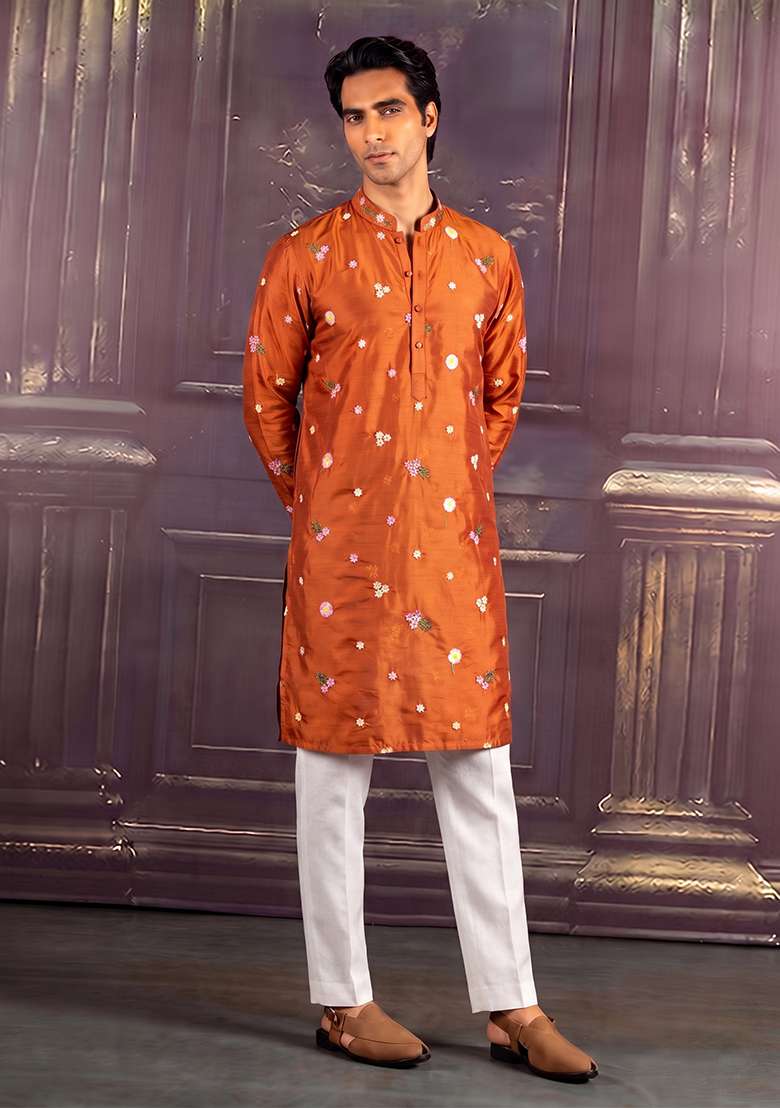 Rust Embroidered Chanderi Kurta Set - Indya