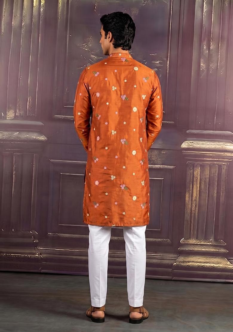 Rust Embroidered Chanderi Kurta Set - Indya