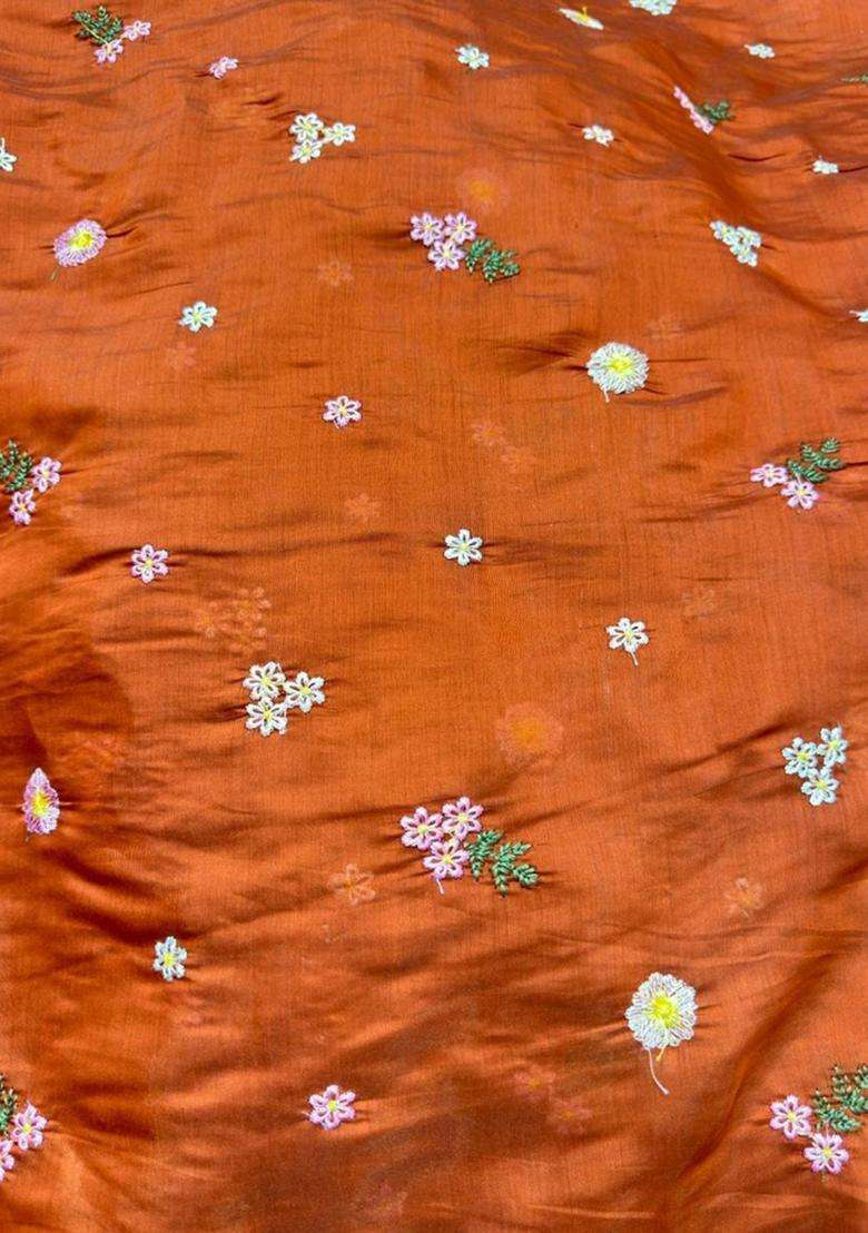 Rust Embroidered Chanderi Kurta Set - Indya