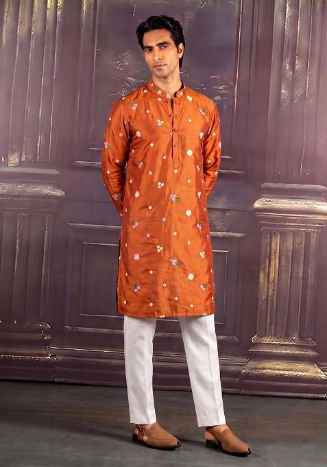 Rust Embroidered Chanderi Kurta Set