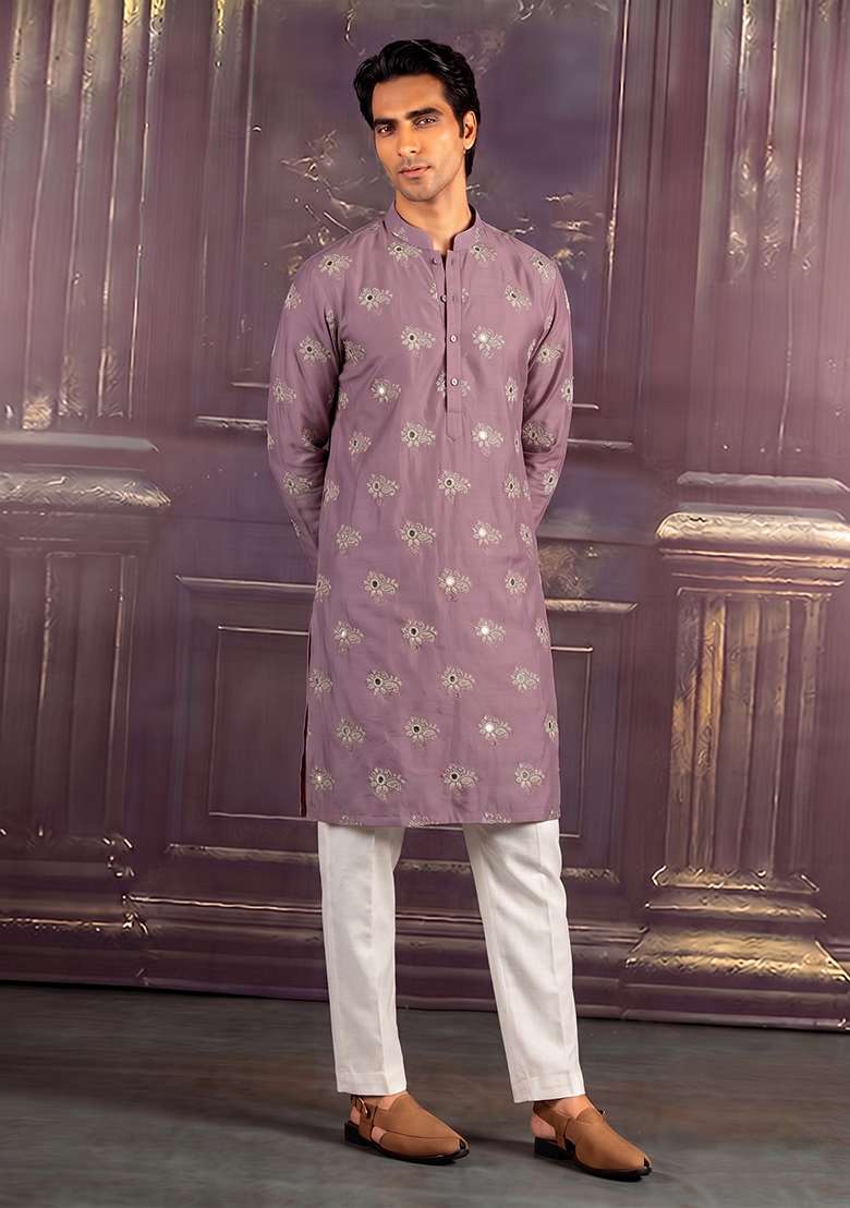 Mauve Embroidered Chanderi Kurta Set - Indya