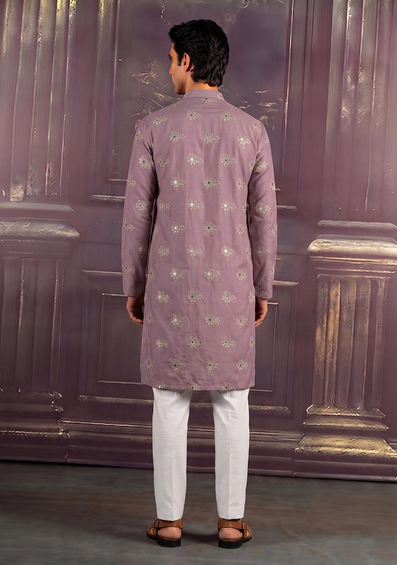 Mauve Embroidered Chanderi Kurta Set - Indya