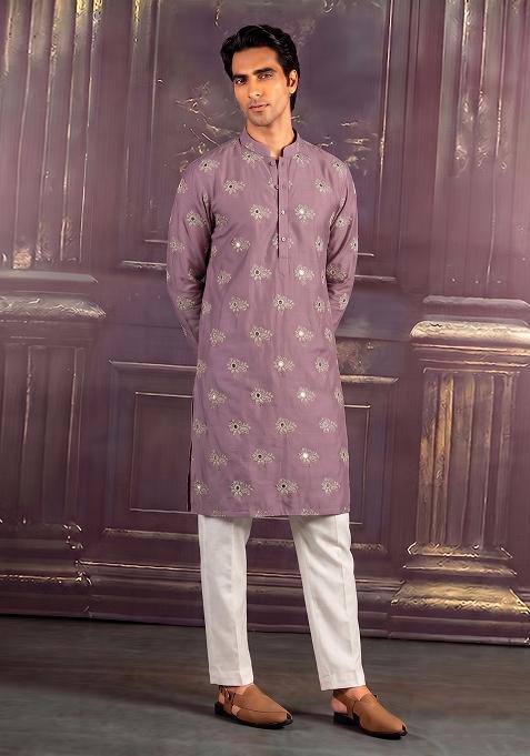 Mauve Embroidered Chanderi Kurta Set