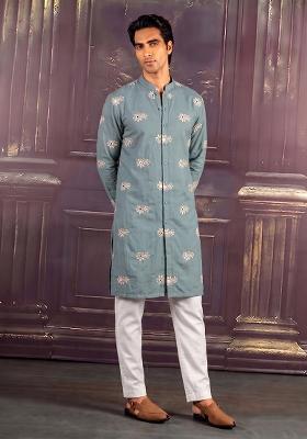 Powder Blue Embroidered Chanderi Kurta Set