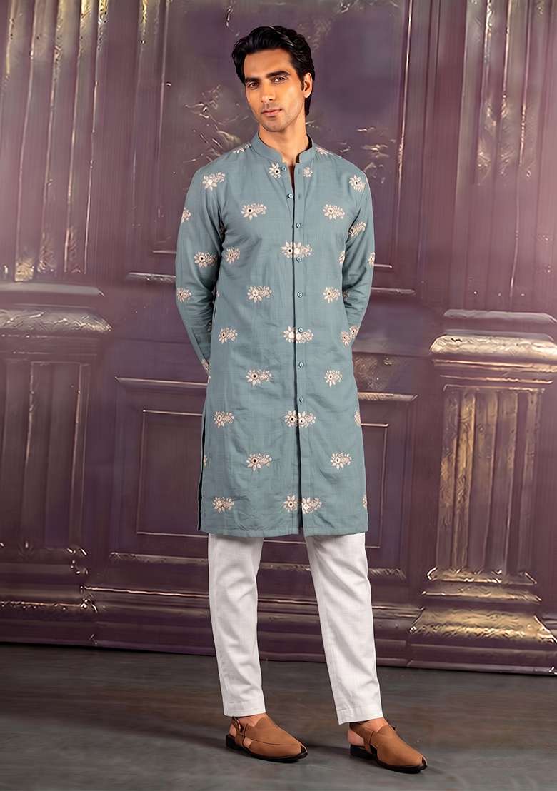 Powder Blue Embroidered Chanderi Kurta Set - Indya