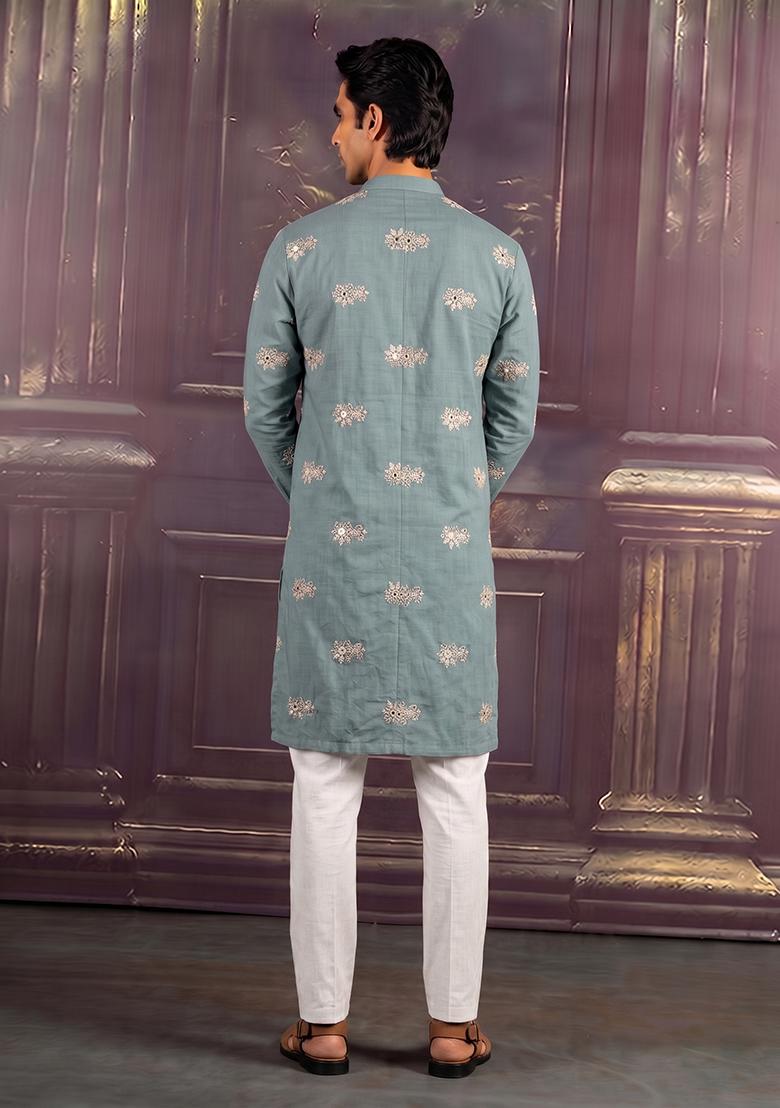 Powder Blue Embroidered Chanderi Kurta Set - Indya