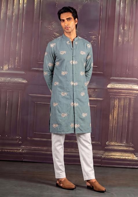 Powder Blue Embroidered Chanderi Kurta Set