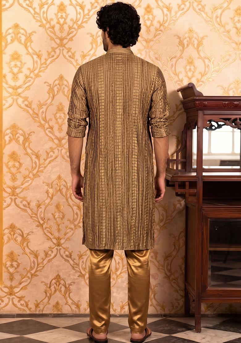 Brown Pleated Crushed Satin Kurta Set - Indya