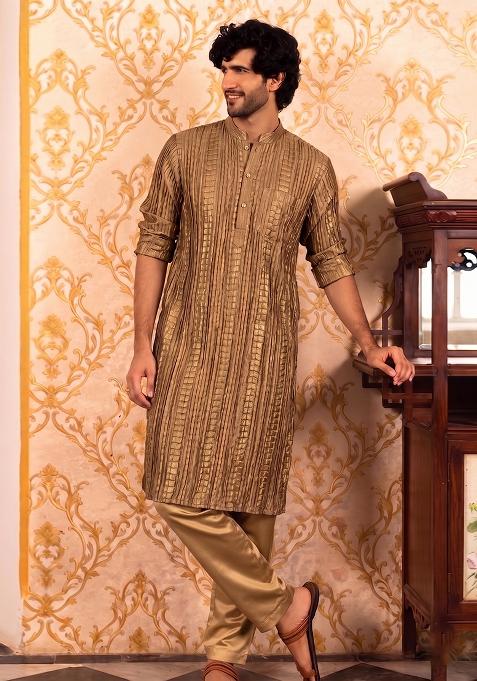 Brown Pleated Crushed Satin Kurta Set