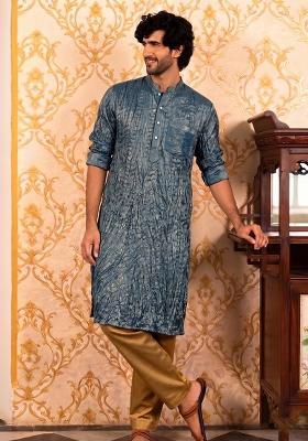 Midnight Blue Pleated Crushed Satin Kurta Set
