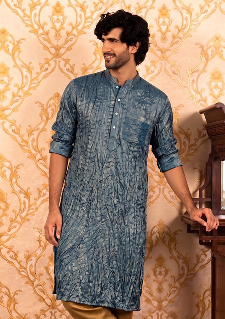 Midnight Blue Pleated Crushed Satin Kurta Set - Indya