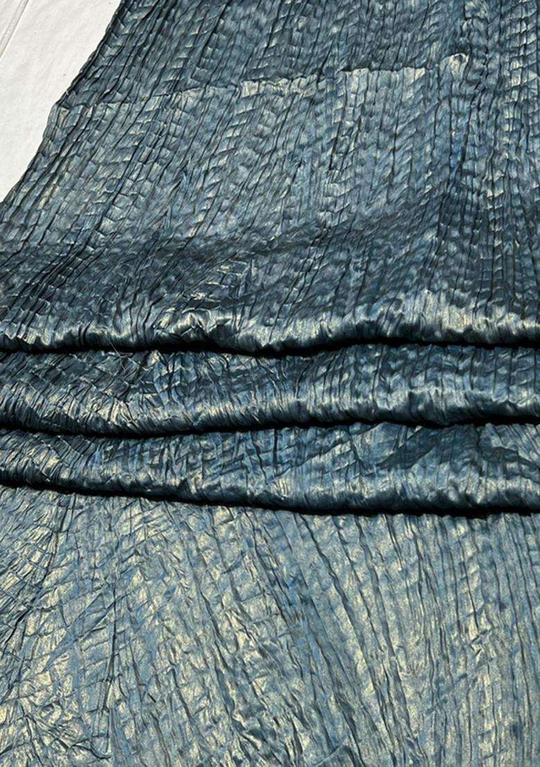 Midnight Blue Pleated Crushed Satin Kurta Set - Indya