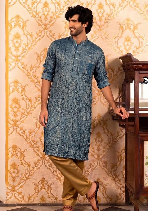 Midnight Blue Pleated Satin Kurta Set