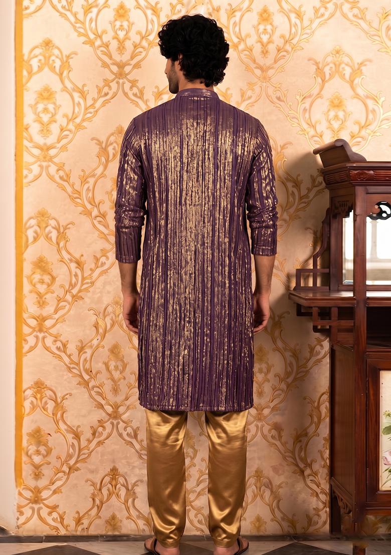 Wine Pleated Crushed Satin Kurta Set - Indya