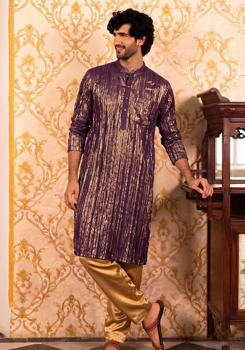 Wine Pleated Satin Kurta Set