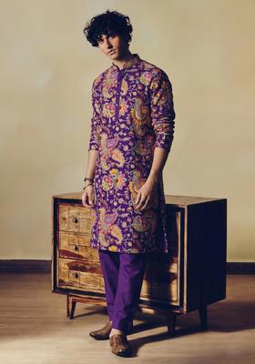 Purple Embroidered Crepe Kurta Set