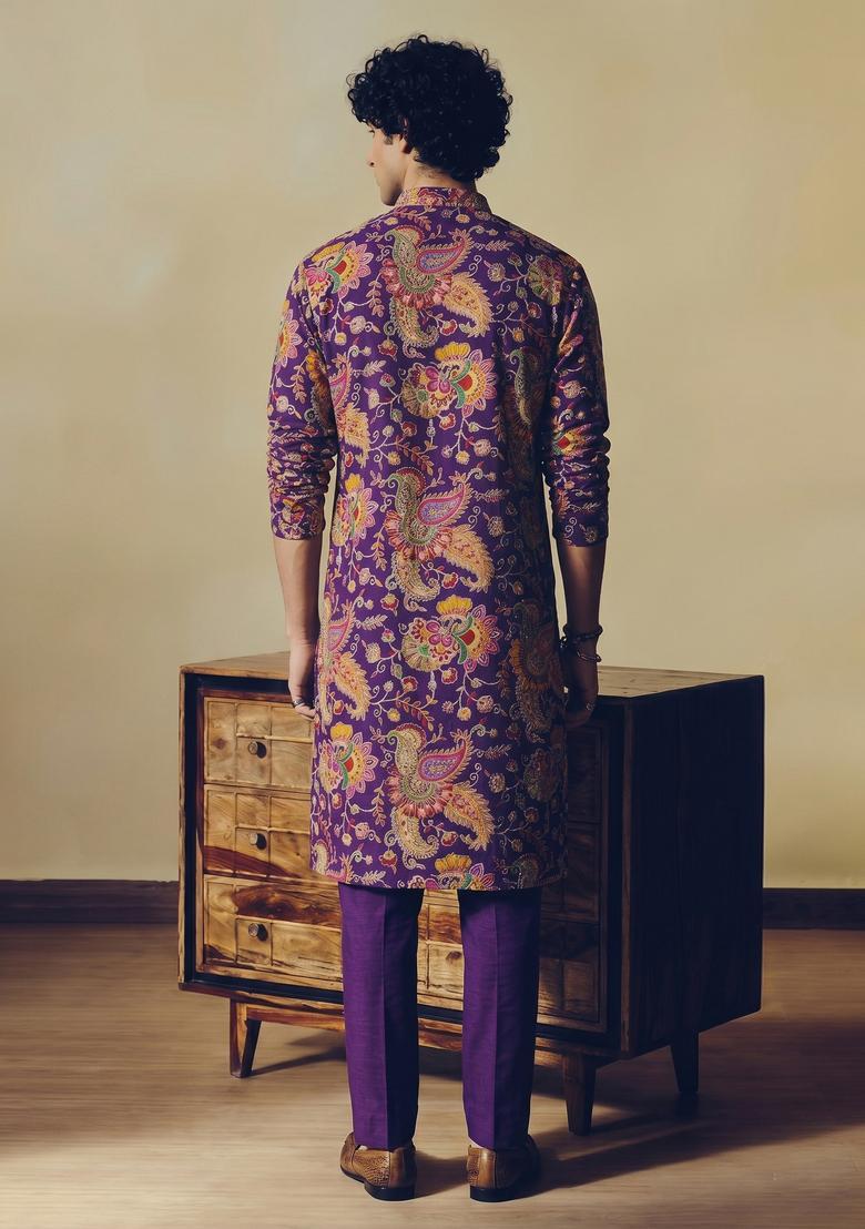 Purple Embroidered Crepe Kurta Set - Indya