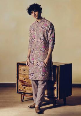 Brown Embroidered Crepe Kurta Set