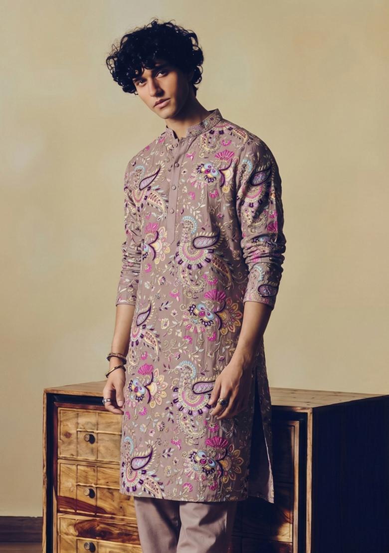 Brown Embroidered Crepe Kurta Set - Indya