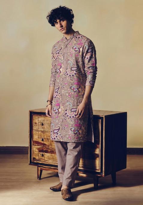 Brown Embroidered Crepe Kurta Set