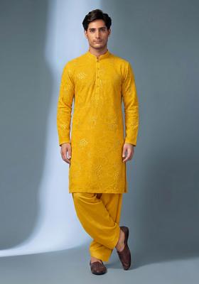 Mustard Mirror Work Viscose Kurta Set