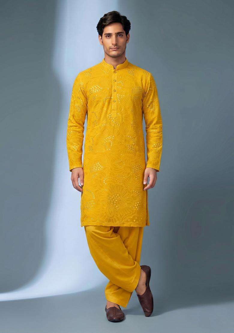Mustard Mirror Work Viscose Kurta Set - Indya