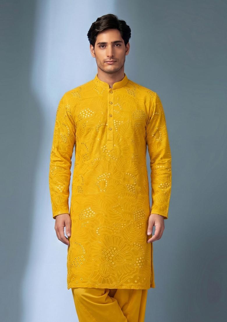 Mustard Mirror Work Viscose Kurta Set - Indya