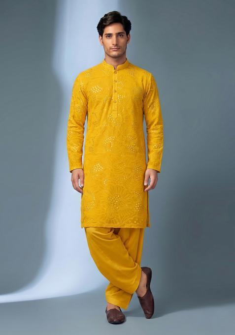 Mustard Mirror Work Viscose Kurta Set