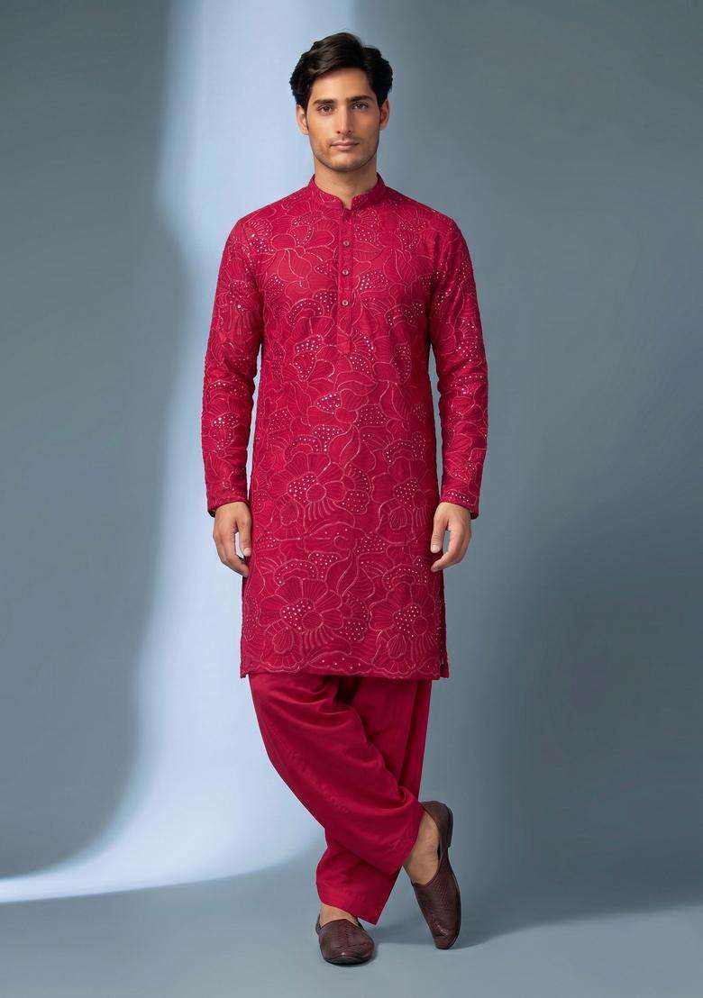 Magenta Mirror Work Viscose Kurta Set - Indya