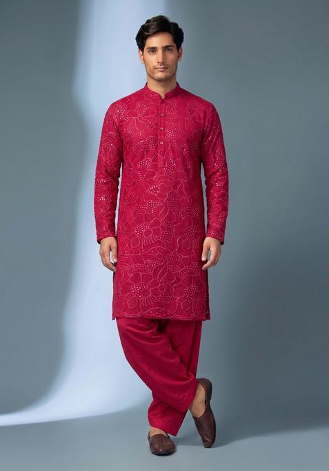 Magenta Mirror Work Viscose Kurta Set